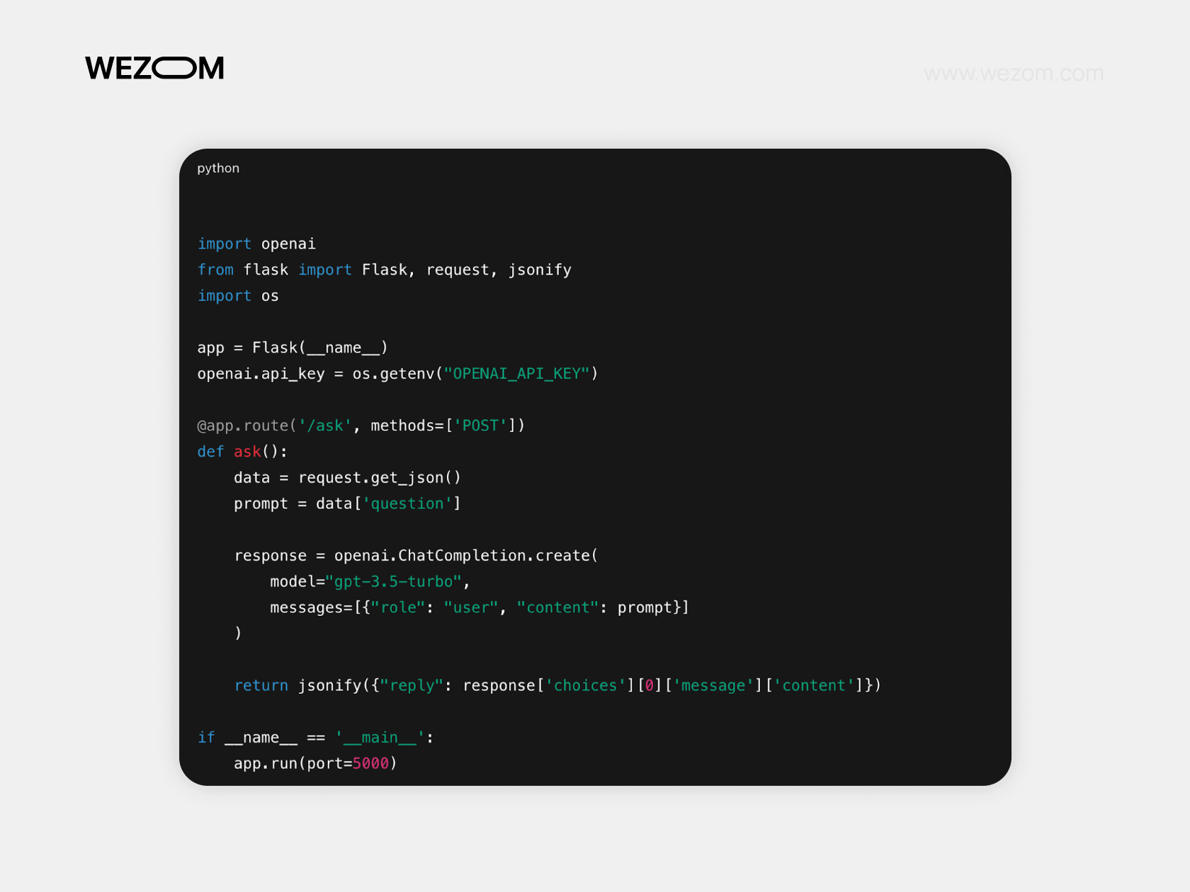 Python Flask app showing how to use OpenAI API for chatbot replies using POST requests and gpt-3.5-turbo